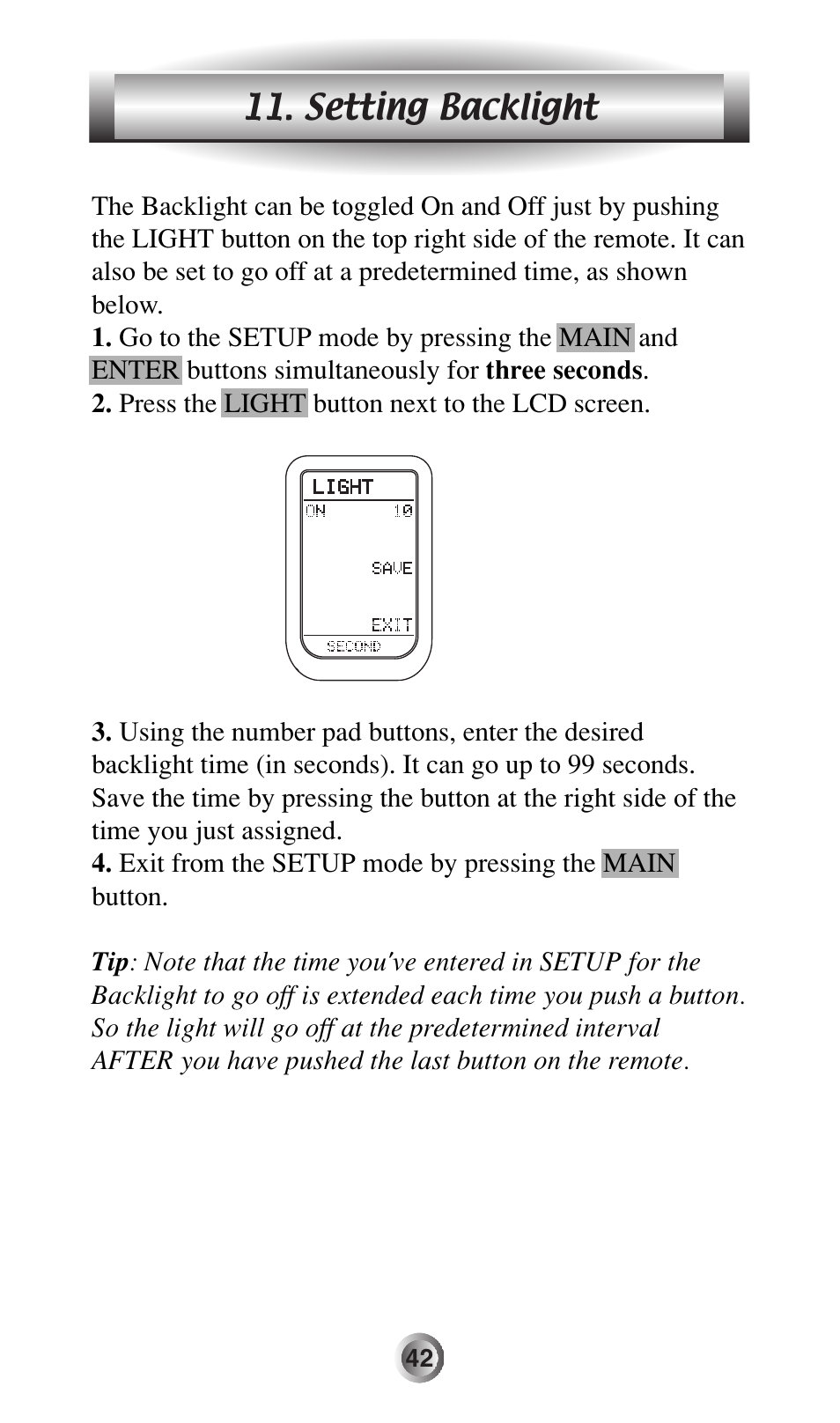 Setting backlight | Universal Remote Control (URS) MX-500 User Manual | Page 43 / 80