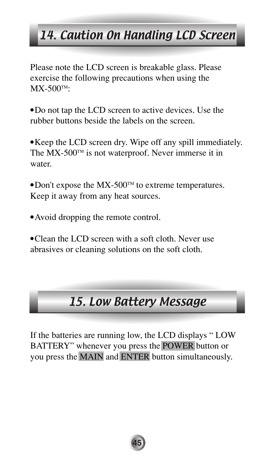 Is not waterproof. never immerse it in water, Don't expose the mx-500, Avoid dropping the remote control | Universal Remote Control (URS) MX-500 User Manual | Page 46 / 80