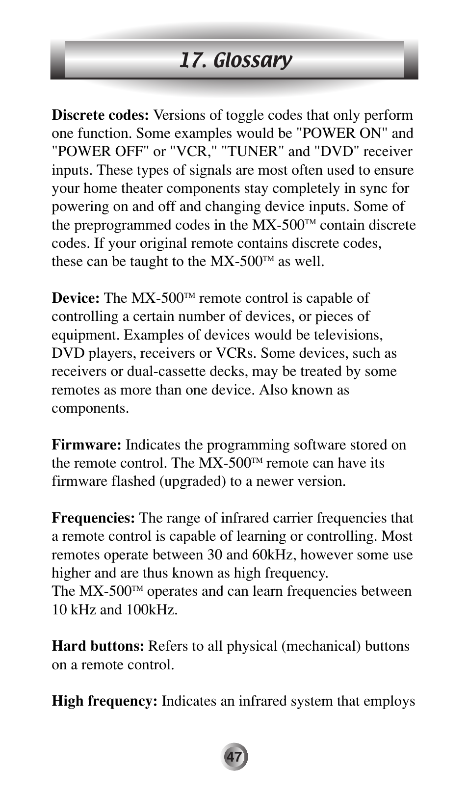 Glossary, As well. device: the mx-500 | Universal Remote Control (URS) MX-500 User Manual | Page 48 / 80