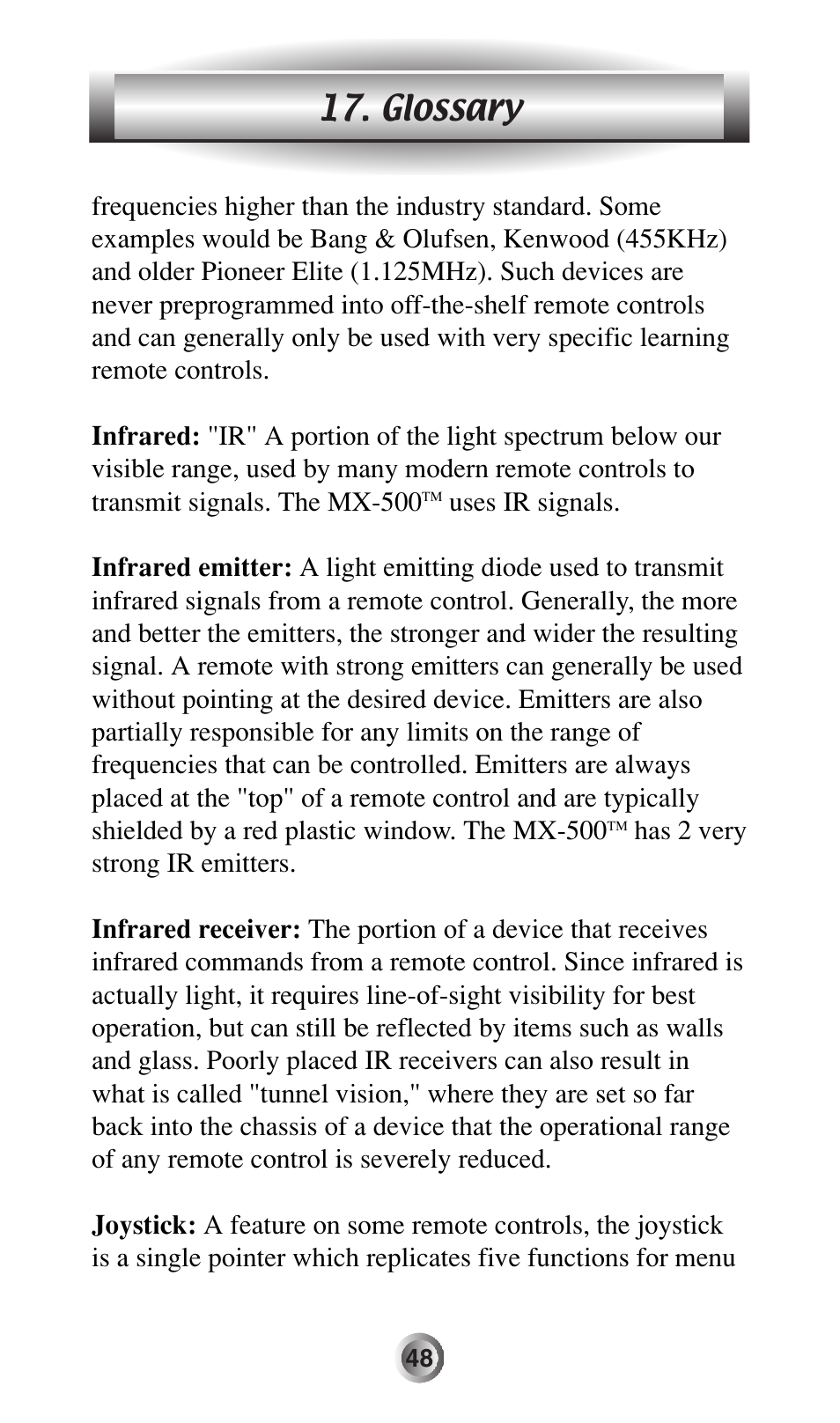 Glossary | Universal Remote Control (URS) MX-500 User Manual | Page 49 / 80