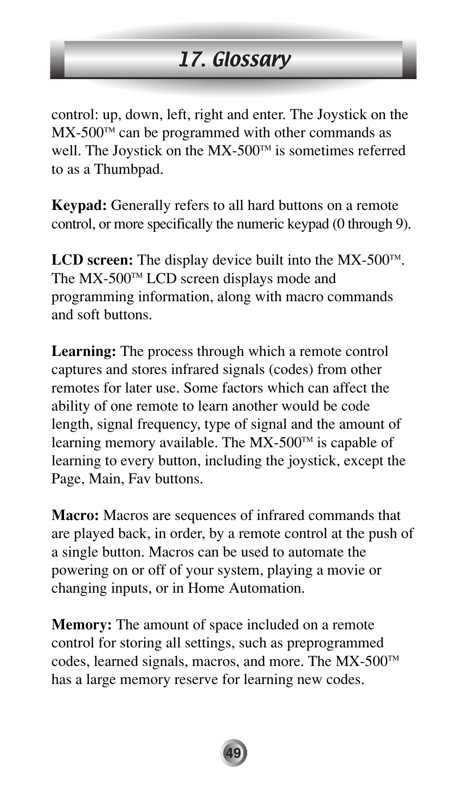 Glossary, The mx-500 | Universal Remote Control (URS) MX-500 User Manual | Page 50 / 80