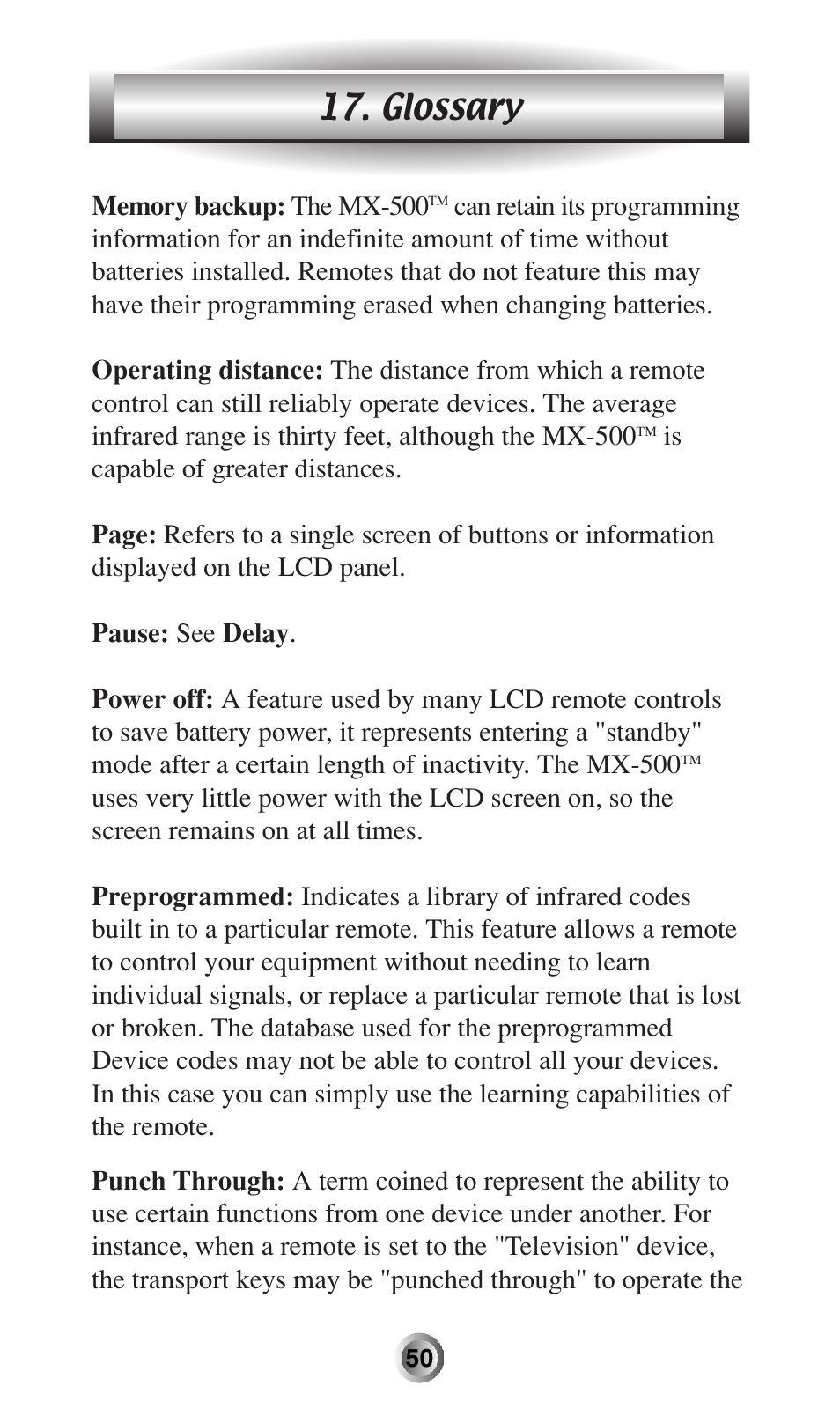 Glossary | Universal Remote Control (URS) MX-500 User Manual | Page 51 / 80
