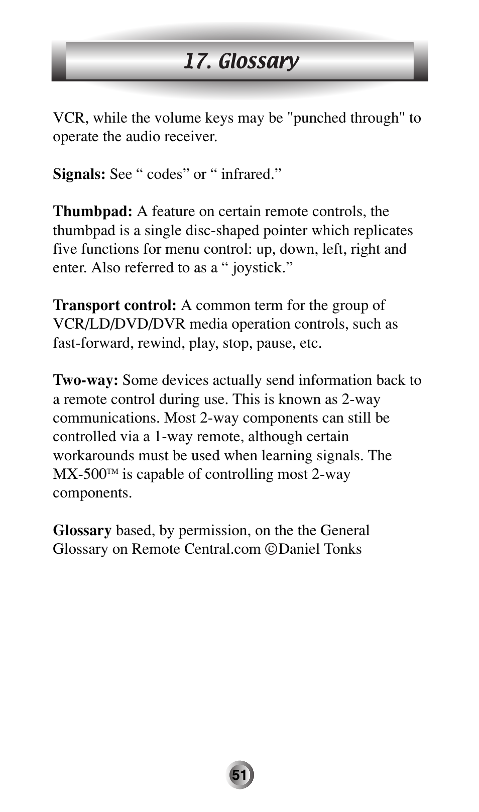 Glossary | Universal Remote Control (URS) MX-500 User Manual | Page 52 / 80