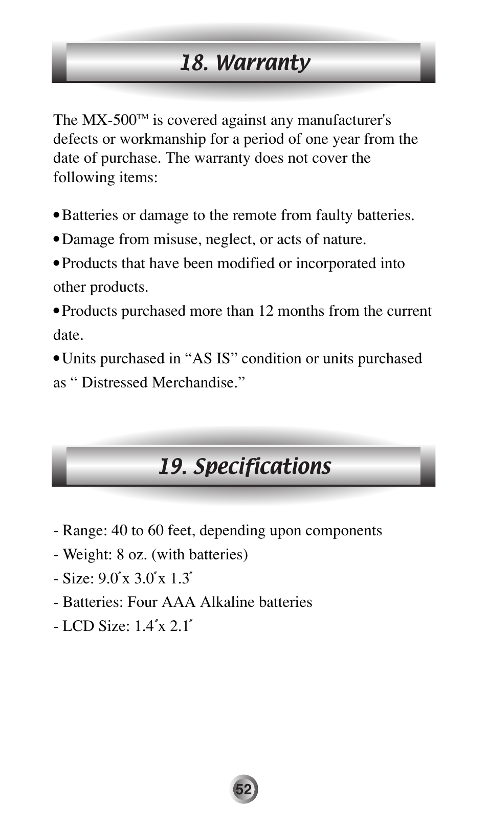Warranty 19. specifications, The mx-500, Damage from misuse, neglect, or acts of nature | Universal Remote Control (URS) MX-500 User Manual | Page 53 / 80