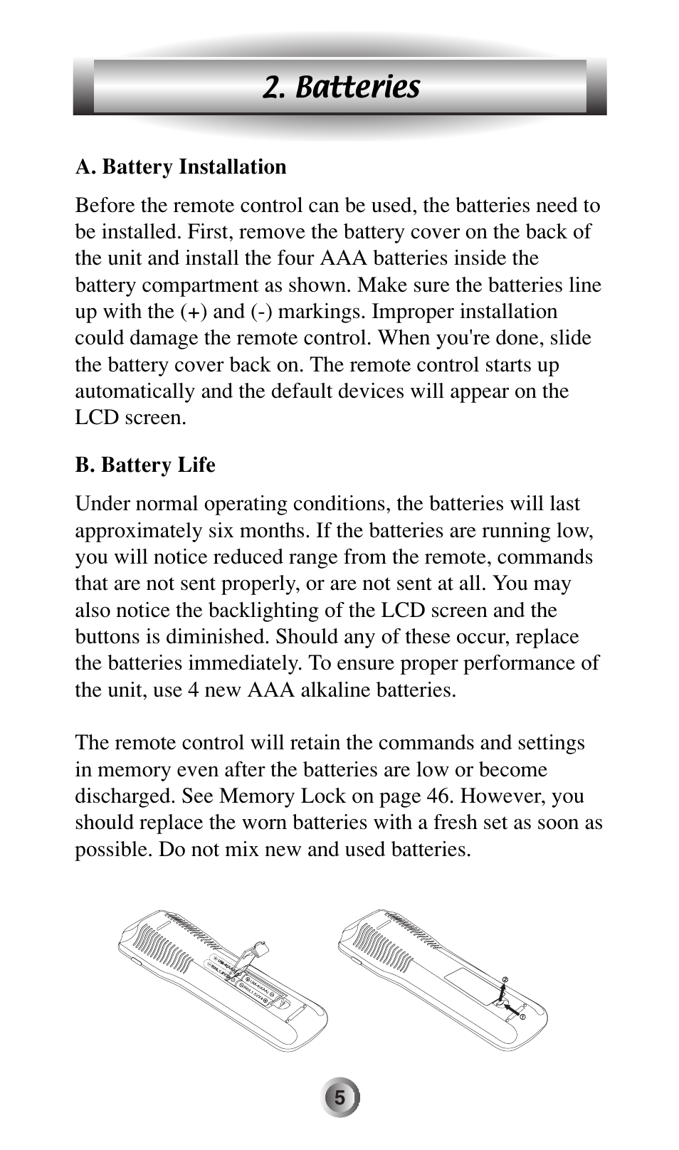 Batteries | Universal Remote Control (URS) MX-500 User Manual | Page 6 / 80