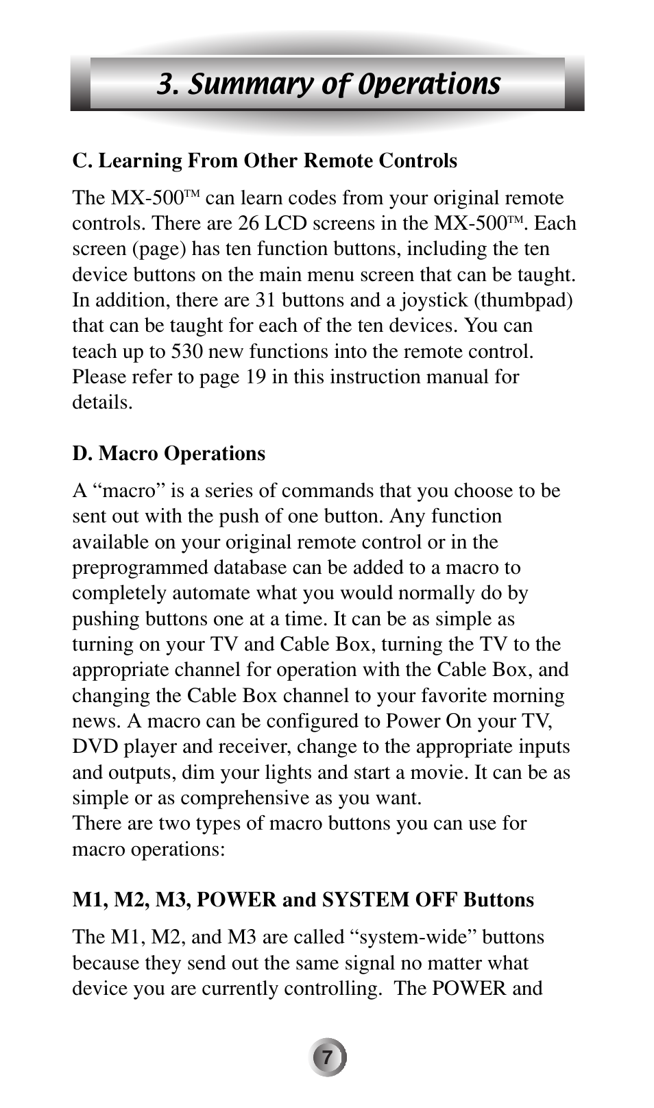 Summary of operations | Universal Remote Control (URS) MX-500 User Manual | Page 8 / 80