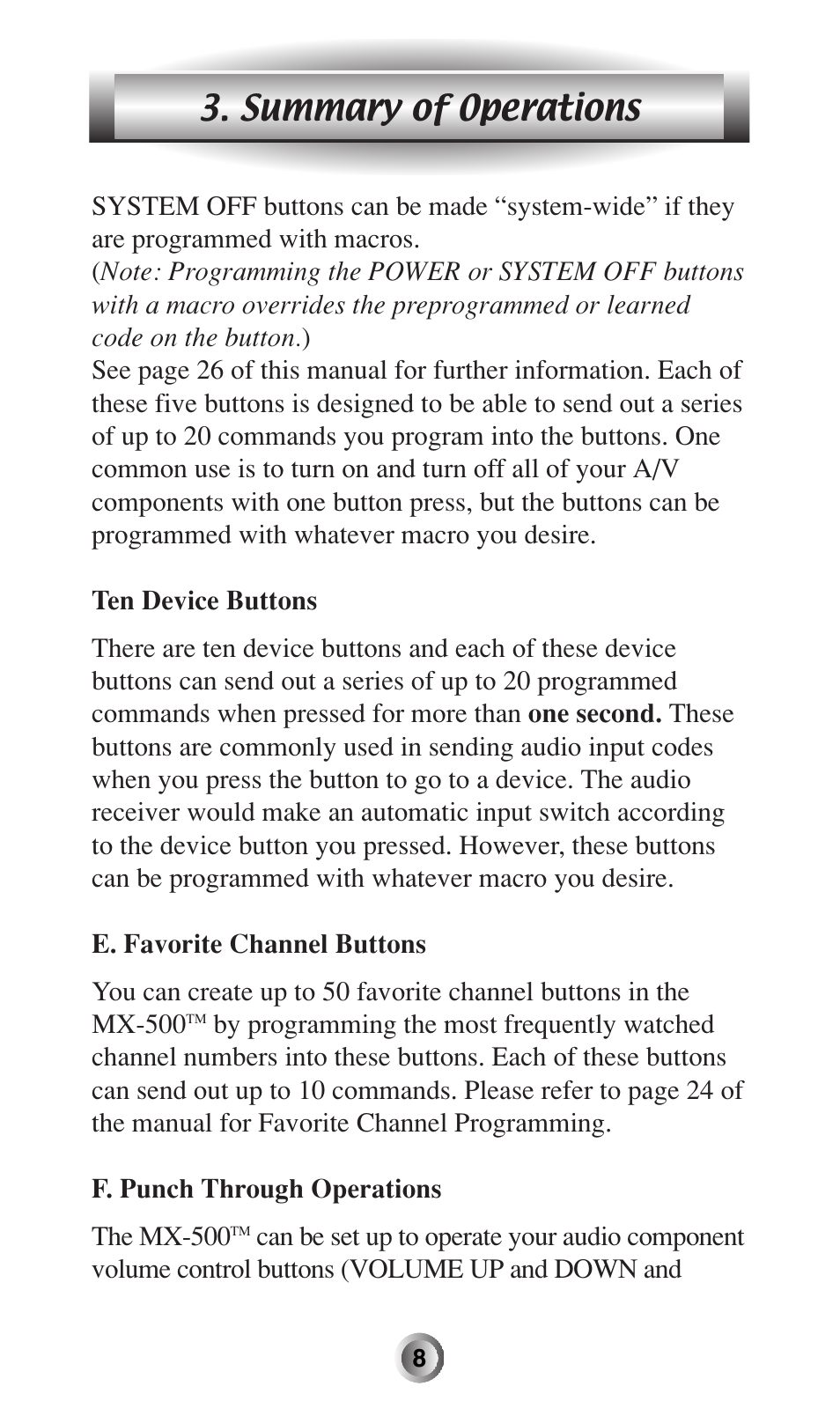 Summary of operations | Universal Remote Control (URS) MX-500 User Manual | Page 9 / 80