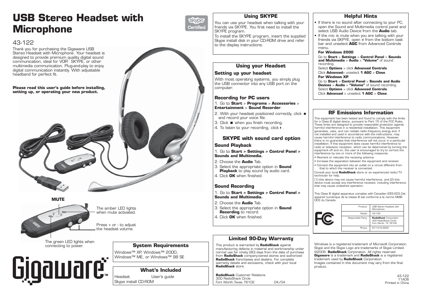 Radio Shack 43-122 User Manual | 1 page