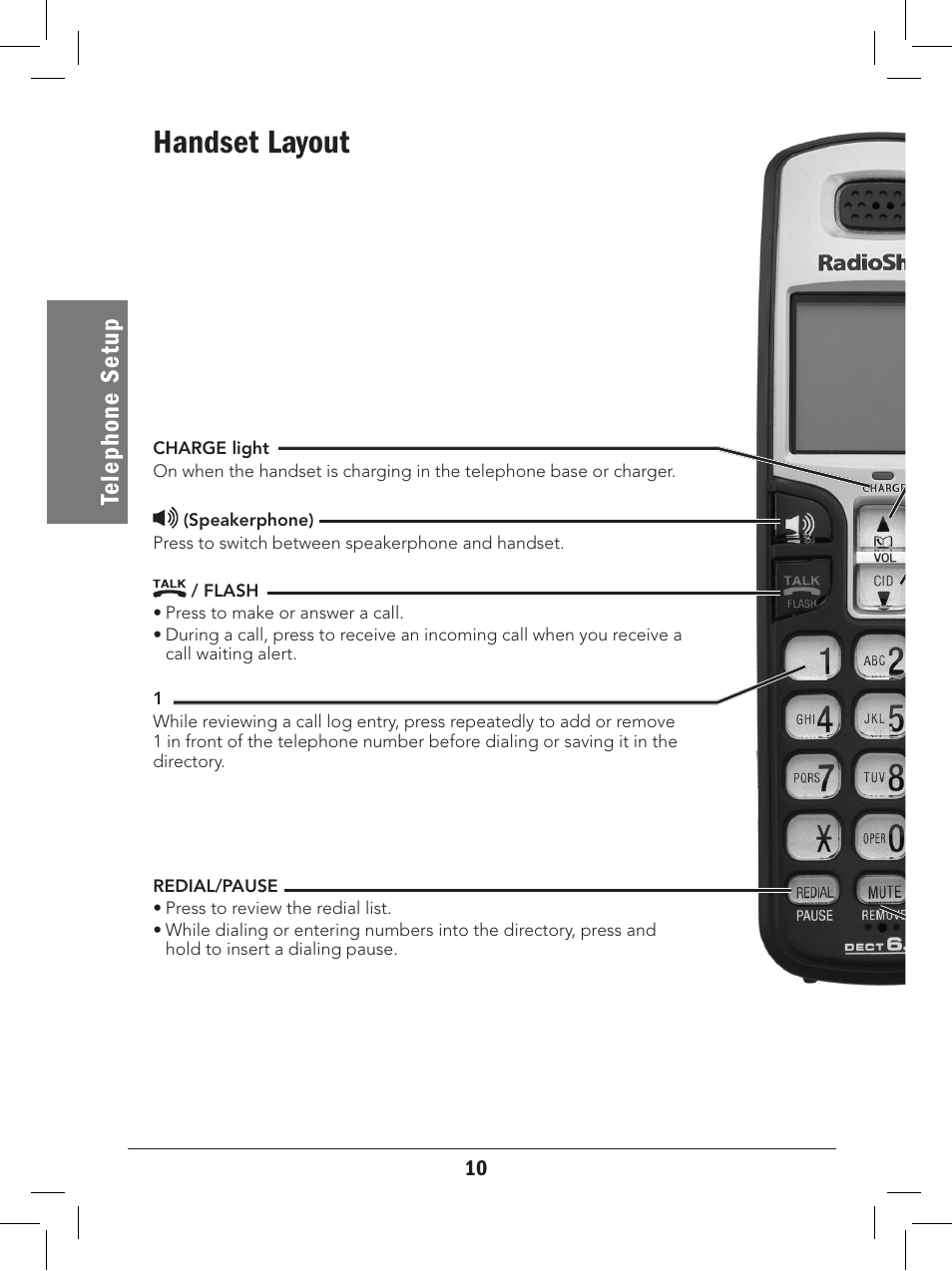 Handset layout, Te le ph on e se tu p | Radio Shack 43-327 User Manual | Page 10 / 60