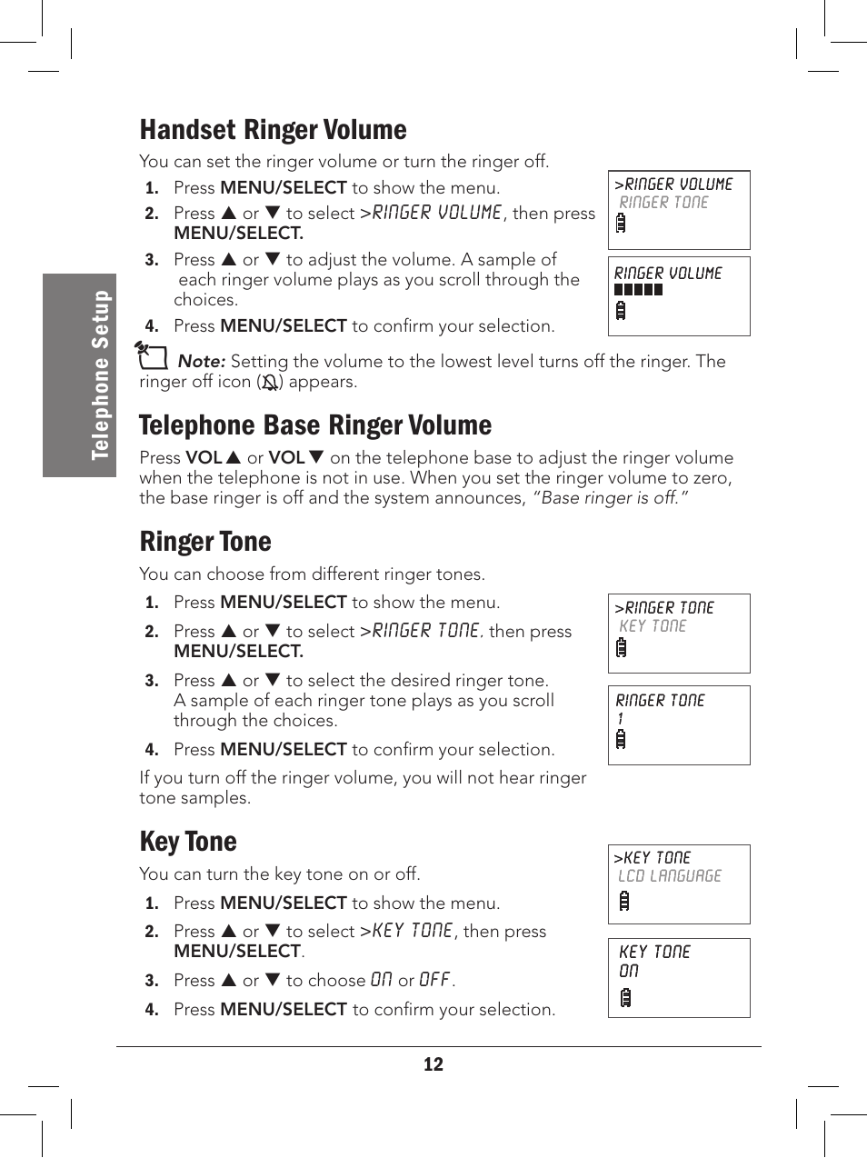 Handset ringer volume, Telephone base ringer volume, Ringer tone | Key tone, Te le ph on e se tu p | Radio Shack 43-327 User Manual | Page 12 / 60