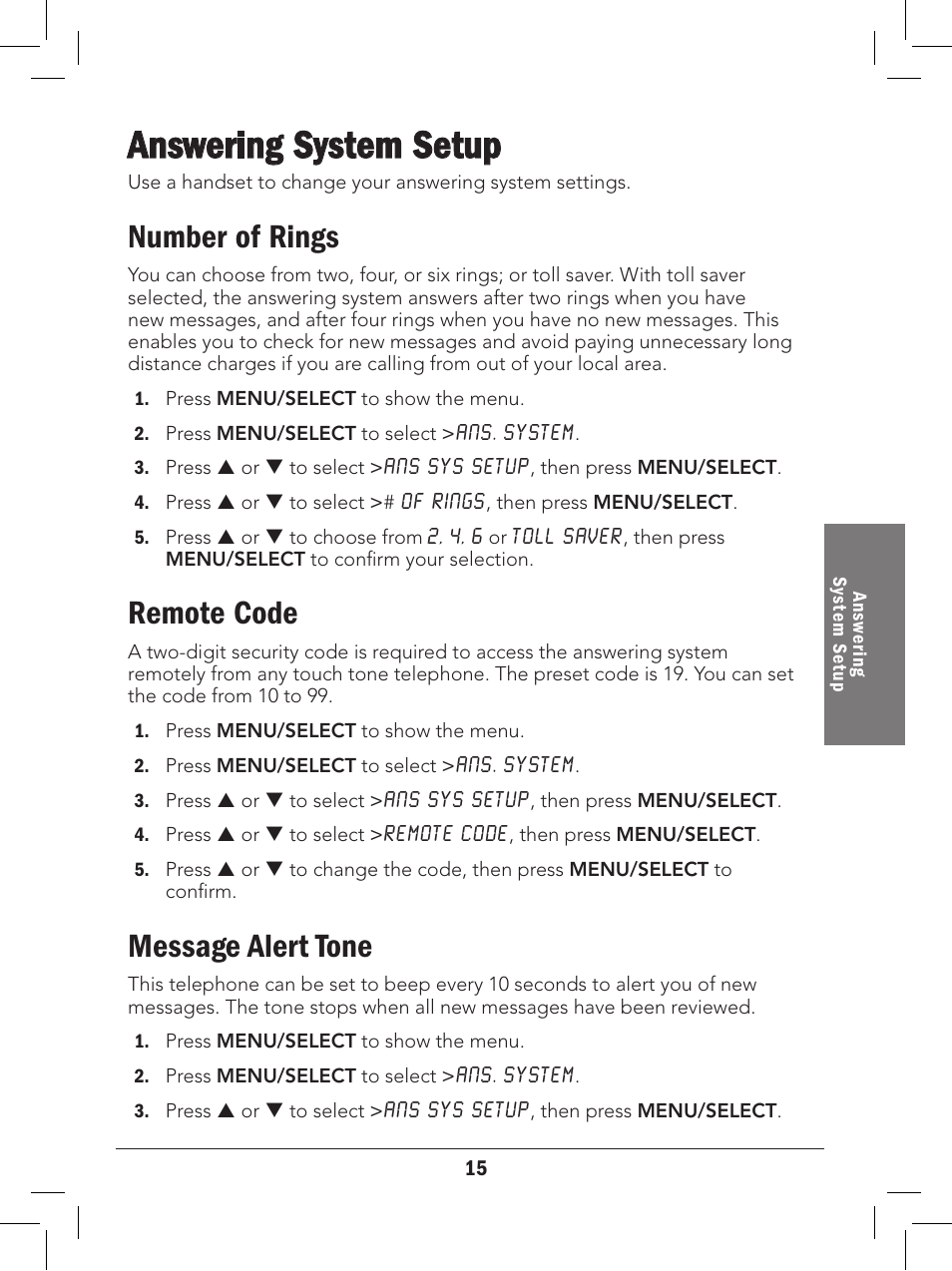 Answering system setup, Number of rings, Remote code | Message alert tone | Radio Shack 43-327 User Manual | Page 15 / 60