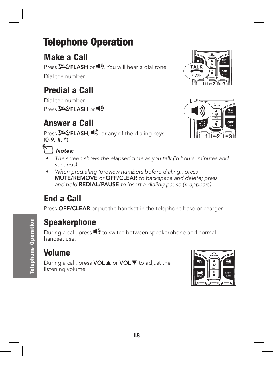 Telephone operation, Make a call, Predial a call | Answer a call, End a call, Speakerphone, Volume | Radio Shack 43-327 User Manual | Page 18 / 60