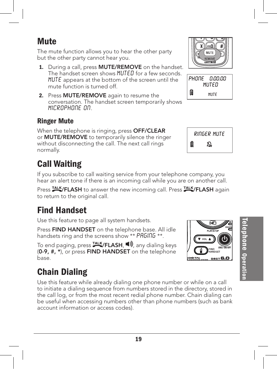 Mute, Call waiting, Find handset | Chain dialing, Te le ph on e, Ringer mute | Radio Shack 43-327 User Manual | Page 19 / 60
