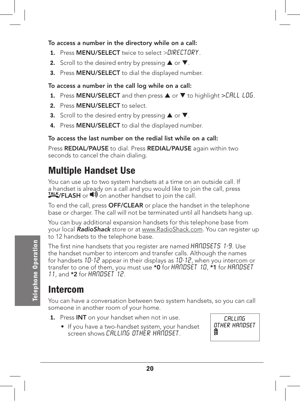 Multiple handset use, Intercom | Radio Shack 43-327 User Manual | Page 20 / 60