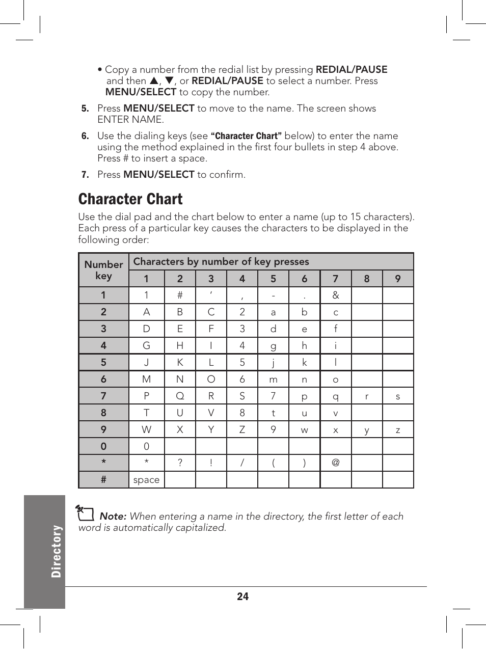 Character chart, Dir ec to ry | Radio Shack 43-327 User Manual | Page 24 / 60