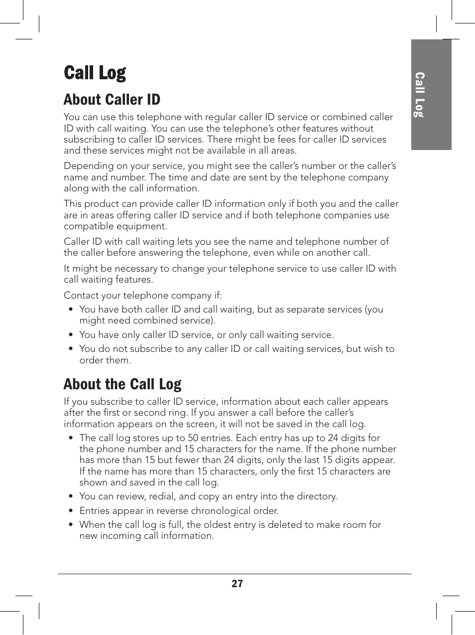 Call log, About caller id, About the call log | Call l og | Radio Shack 43-327 User Manual | Page 27 / 60