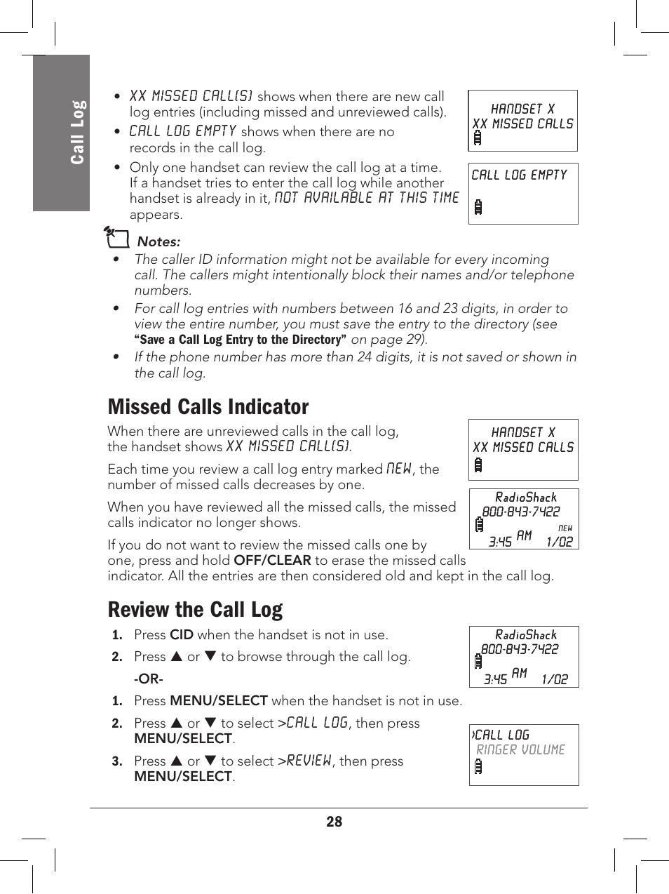 Missed calls indicator, Review the call log, Cal l lo g | Radio Shack 43-327 User Manual | Page 28 / 60