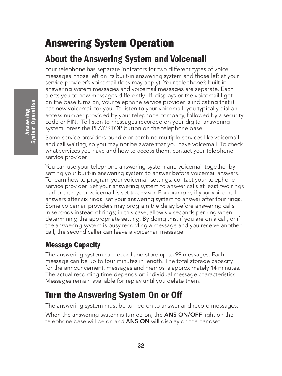 Answering system operation, About the answering system and voicemail, Turn the answering system on or off | Message capacity | Radio Shack 43-327 User Manual | Page 32 / 60