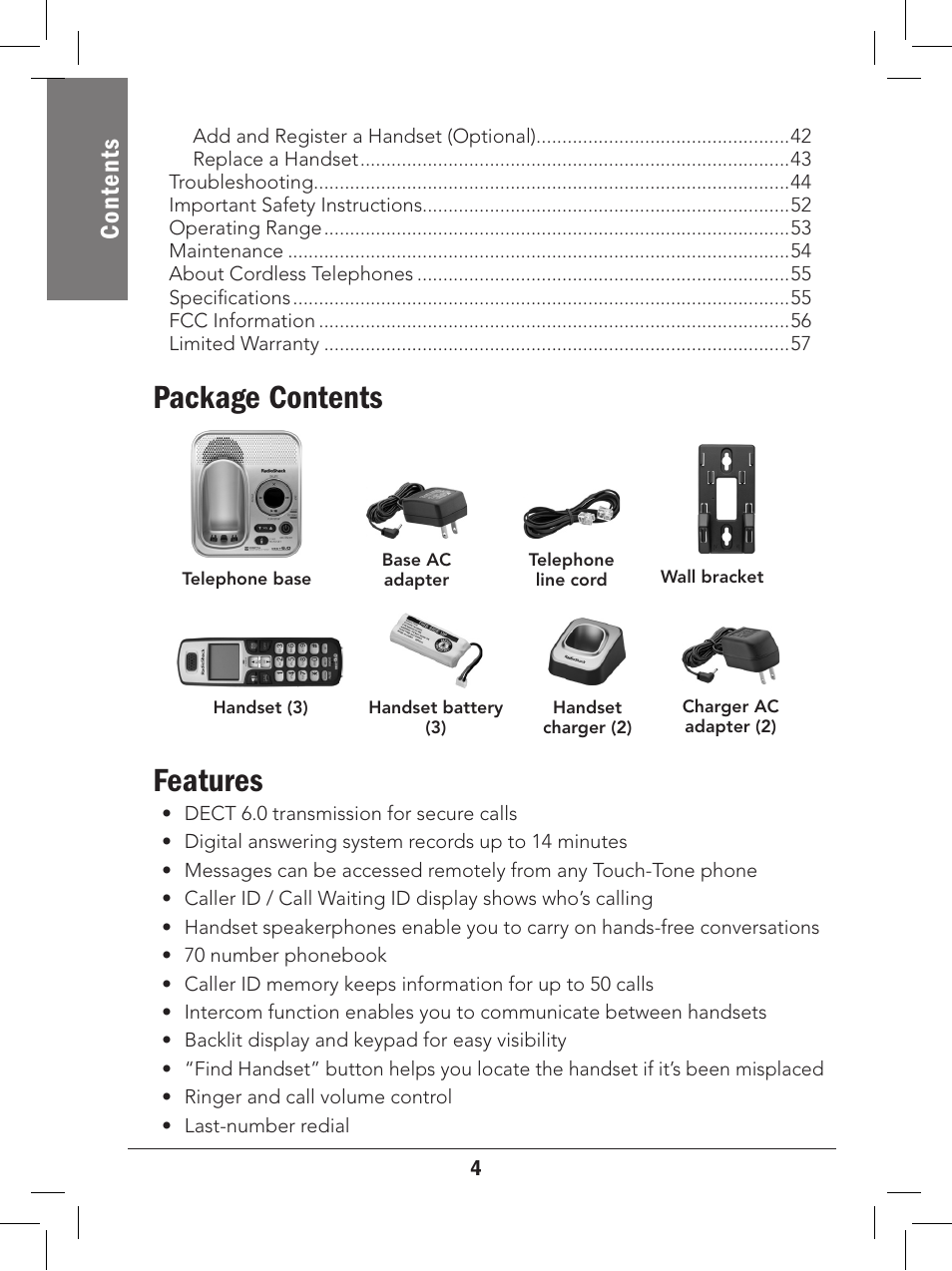 Package contents features, Con te nt s | Radio Shack 43-327 User Manual | Page 4 / 60