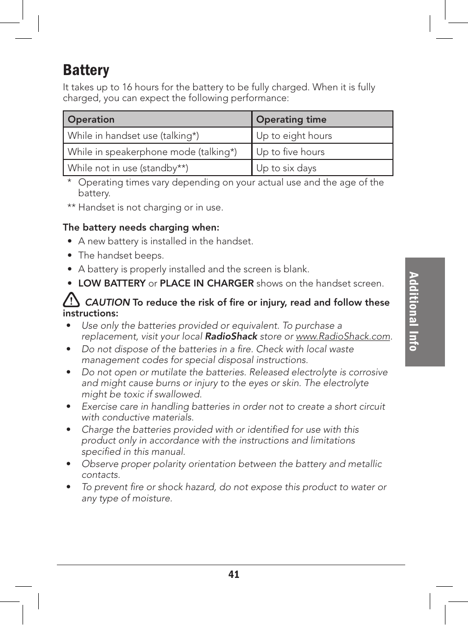 Battery, Ad dit io na l i nfo | Radio Shack 43-327 User Manual | Page 41 / 60