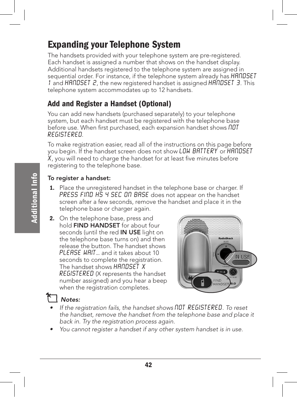 Expanding your telephone system, Ad di ti on al i nf o, Add and register a handset (optional) | Radio Shack 43-327 User Manual | Page 42 / 60