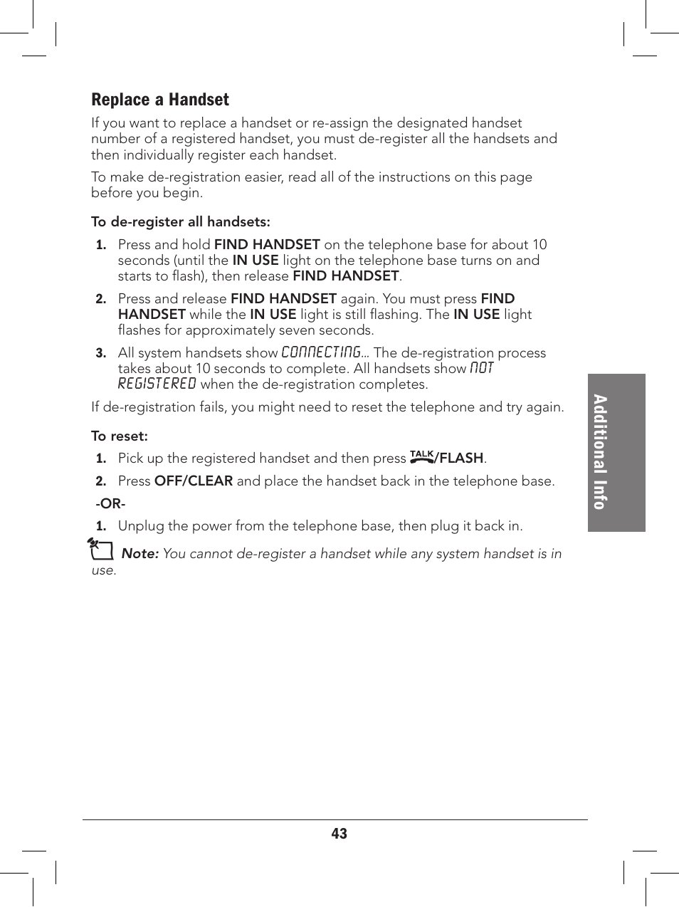 Ad dit io na l i nfo replace a handset | Radio Shack 43-327 User Manual | Page 43 / 60