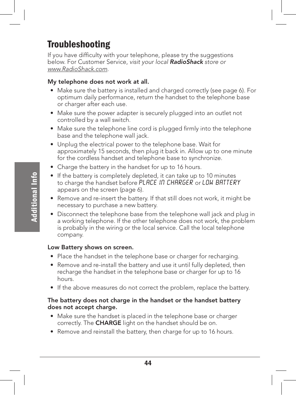 Troubleshooting, Ad di ti on al i nf o | Radio Shack 43-327 User Manual | Page 44 / 60