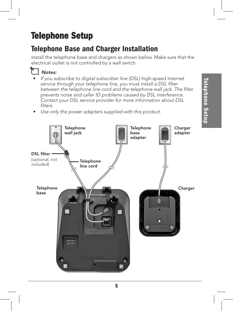 Telephone setup, Telephone base and charger installation, Te le ph on e s et up | Radio Shack 43-327 User Manual | Page 5 / 60