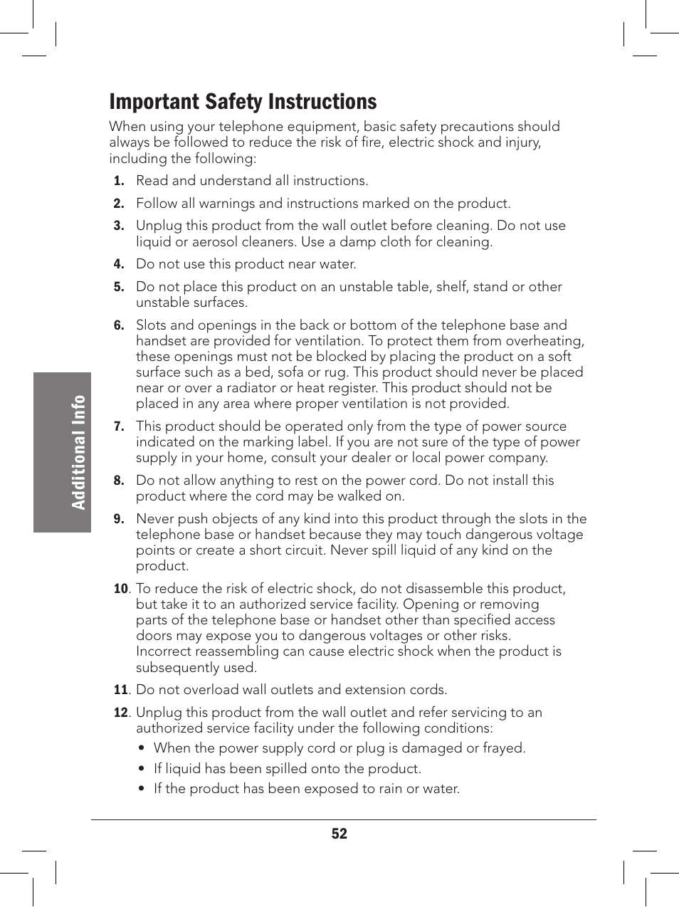 Important safety instructions, Ad di ti on al i nf o | Radio Shack 43-327 User Manual | Page 52 / 60