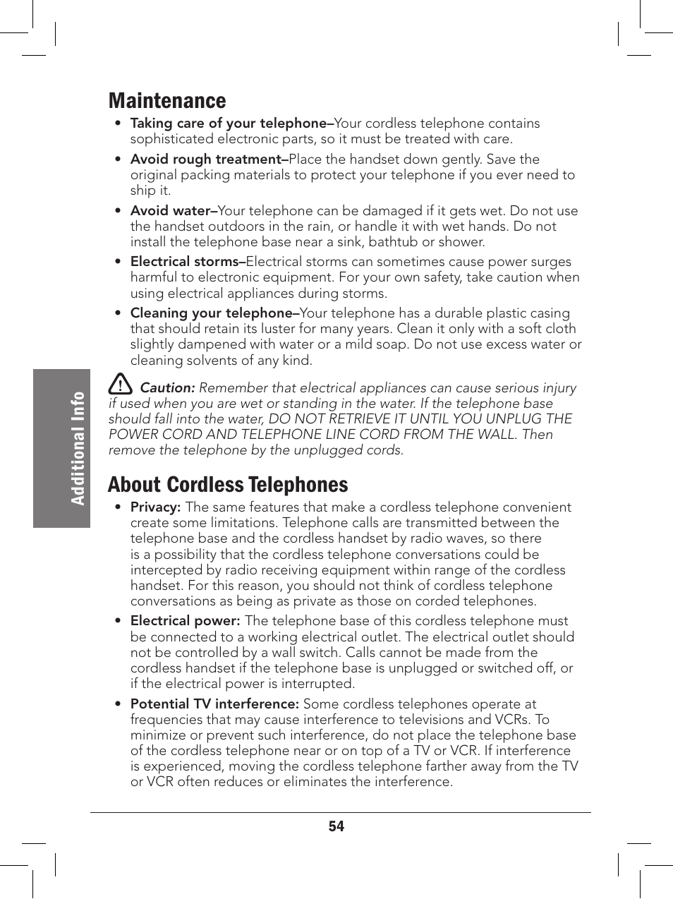 Maintenance, About cordless telephones, Ad di ti on al i nf o | Radio Shack 43-327 User Manual | Page 54 / 60