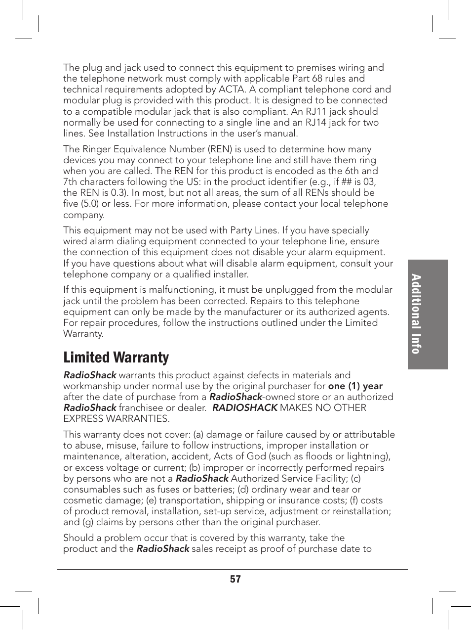 Limited warranty, Ad dit io na l i nfo | Radio Shack 43-327 User Manual | Page 57 / 60