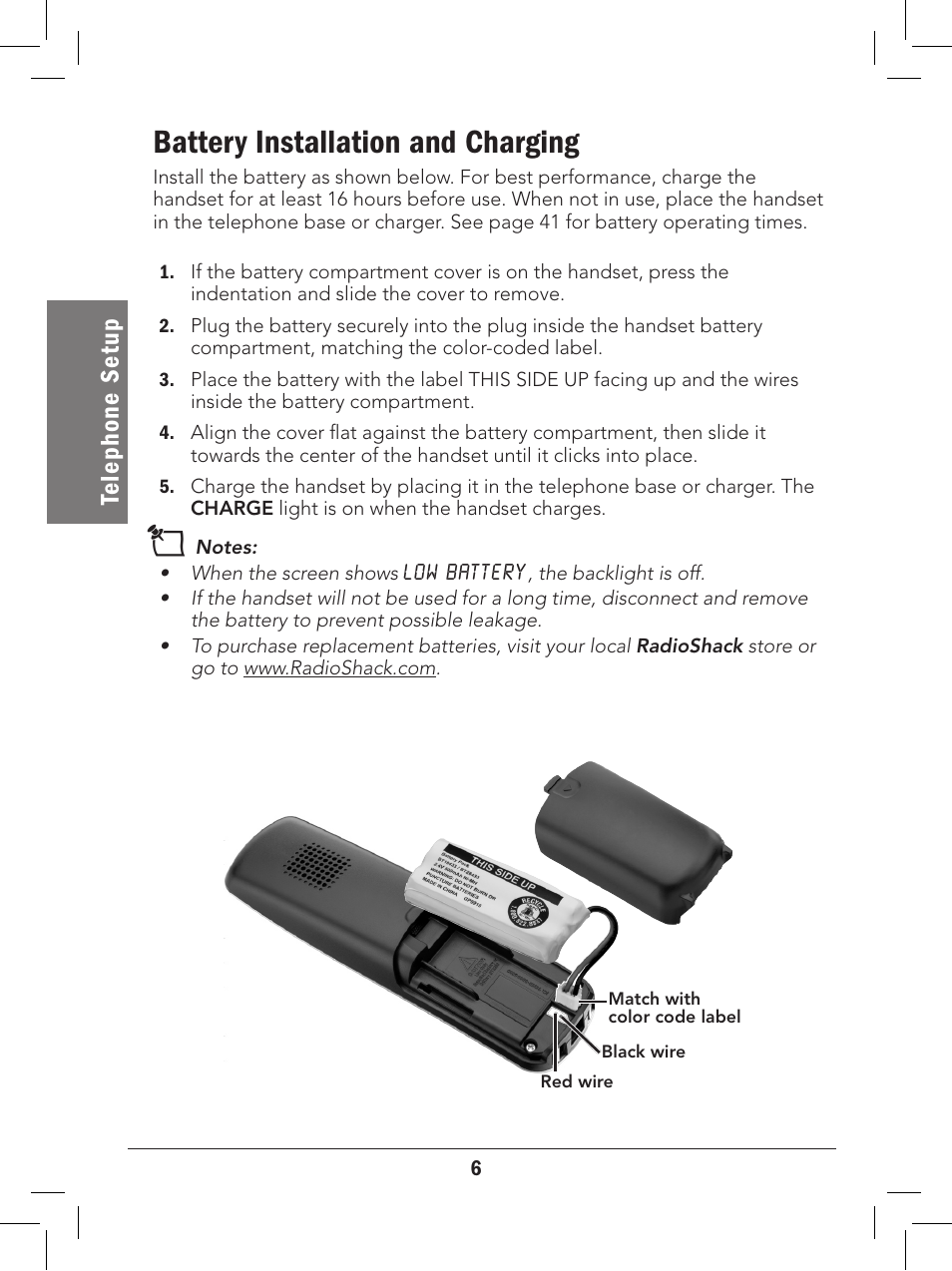 Battery installation and charging, Te le ph on e se tu p | Radio Shack 43-327 User Manual | Page 6 / 60