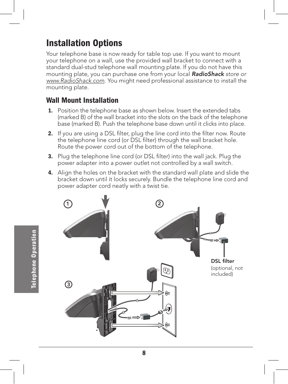 Installation options, Wall mount installation | Radio Shack 43-327 User Manual | Page 8 / 60