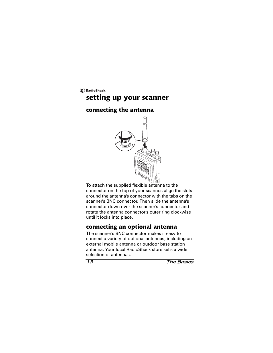 Setting up your scanner, Connecting the antenna, Connecting an optional antenna | Radio Shack 20-501 User Manual | Page 13 / 64
