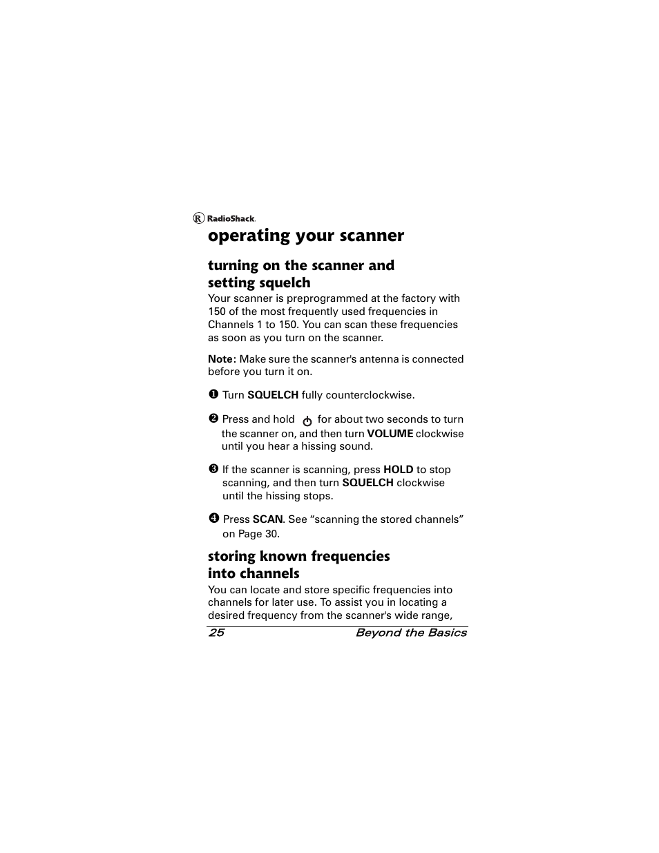 Operating your scanner, Turning on the scanner and setting squelch, Storing known frequencies into channels | Radio Shack 20-501 User Manual | Page 25 / 64