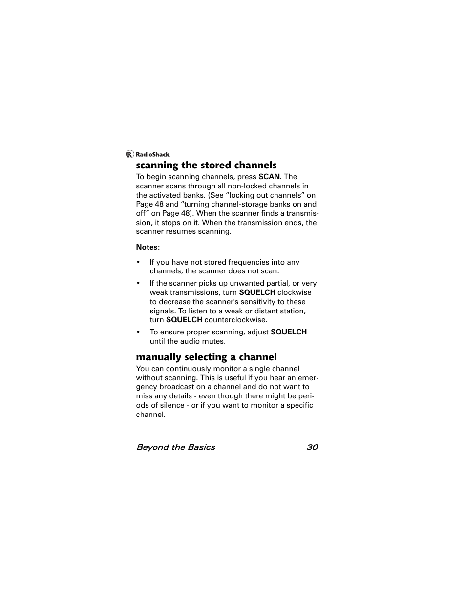Scanning the stored channels, Manually selecting a channel | Radio Shack 20-501 User Manual | Page 30 / 64