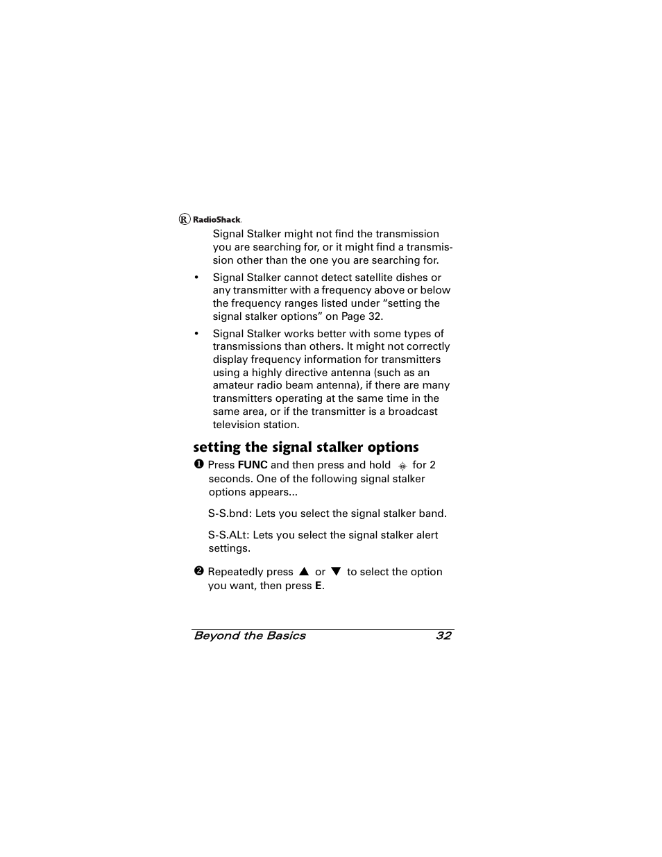 Setting the signal stalker options | Radio Shack 20-501 User Manual | Page 32 / 64