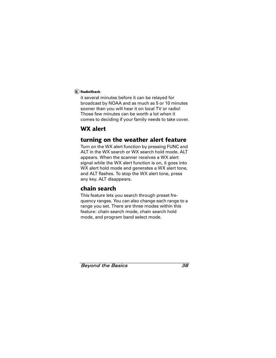 Wx alert, Turning on the weather alert feature, Chain search | Radio Shack 20-501 User Manual | Page 38 / 64
