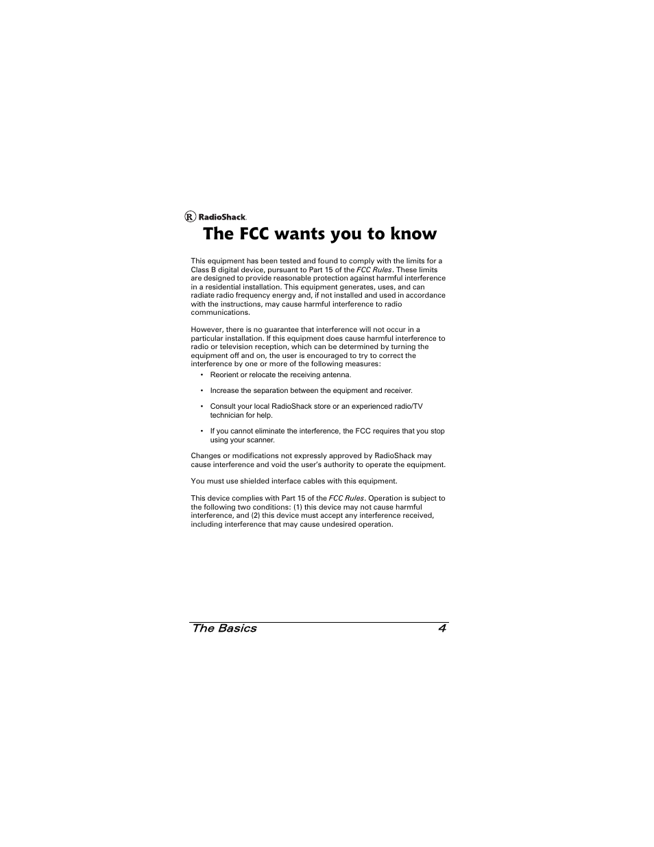 The fcc wants you to know, The basics 4 | Radio Shack 20-501 User Manual | Page 4 / 64