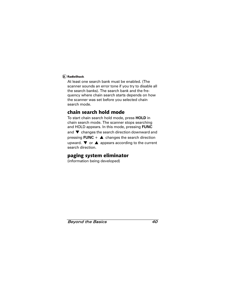 Chain search hold mode, Paging system eliminator | Radio Shack 20-501 User Manual | Page 40 / 64
