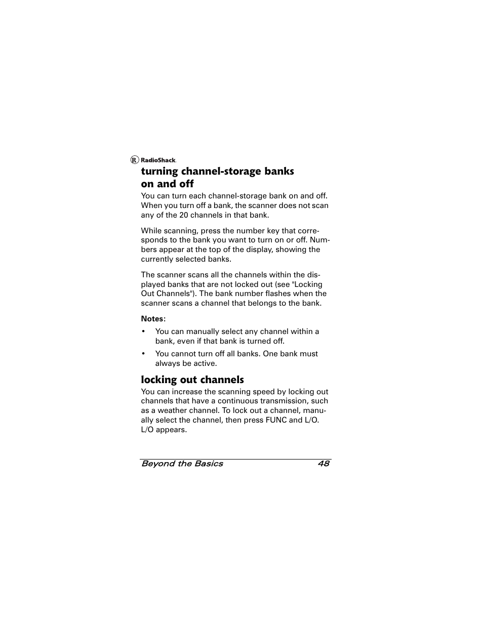 Turning channel-storage banks on and off, Locking out channels | Radio Shack 20-501 User Manual | Page 48 / 64