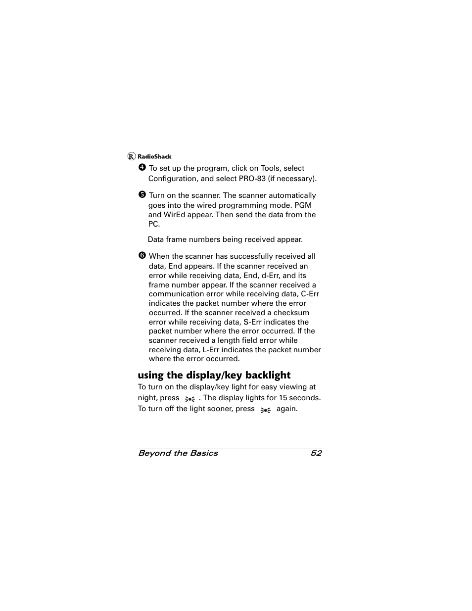 Using the display/key backlight | Radio Shack 20-501 User Manual | Page 52 / 64