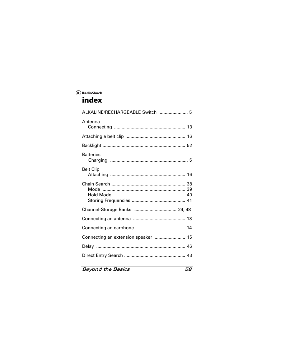 Index | Radio Shack 20-501 User Manual | Page 58 / 64