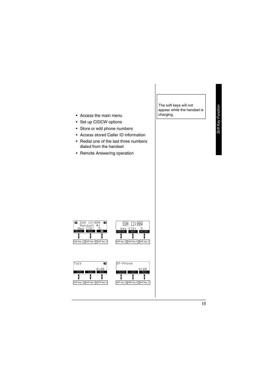 Soft key function | Radio Shack 5.8 GHz Multi-Handset Expandable Cordless Telephone with Digital Answerer User Manual | Page 15 / 76