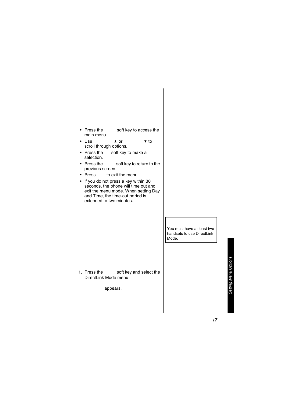 Setting menu options | Radio Shack 5.8 GHz Multi-Handset Expandable Cordless Telephone with Digital Answerer User Manual | Page 17 / 76