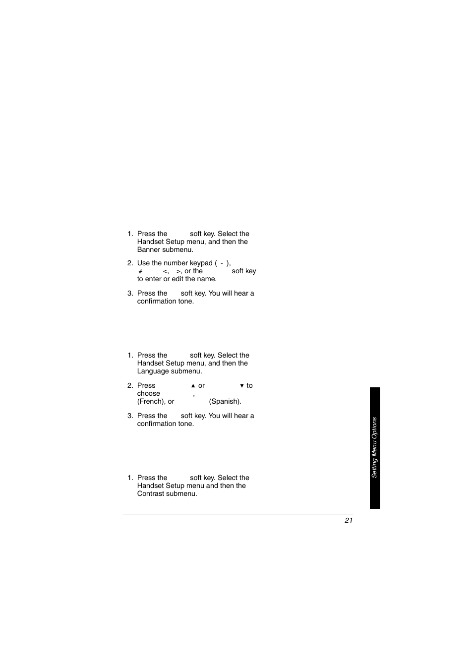 Setting the true banner (handset only), Selecting a language, Adjusting the lcd contrast | Radio Shack 5.8 GHz Multi-Handset Expandable Cordless Telephone with Digital Answerer User Manual | Page 21 / 76