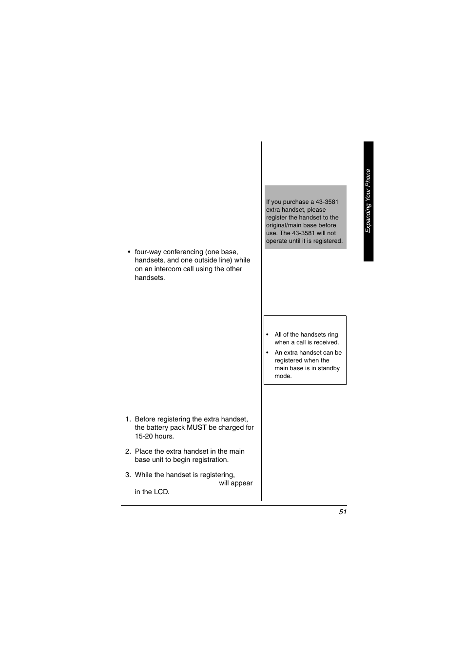 Expanding your phone | Radio Shack 5.8 GHz Multi-Handset Expandable Cordless Telephone with Digital Answerer User Manual | Page 51 / 76
