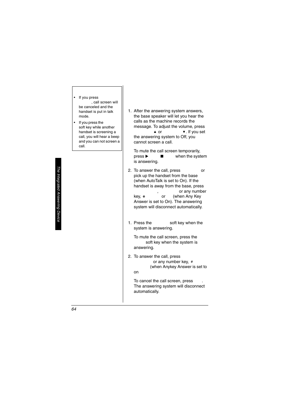 Screening a call | Radio Shack 5.8 GHz Multi-Handset Expandable Cordless Telephone with Digital Answerer User Manual | Page 64 / 76