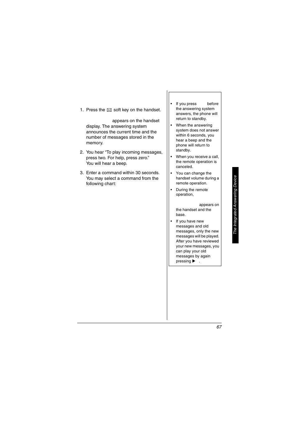 Remote access with the handset | Radio Shack 5.8 GHz Multi-Handset Expandable Cordless Telephone with Digital Answerer User Manual | Page 67 / 76