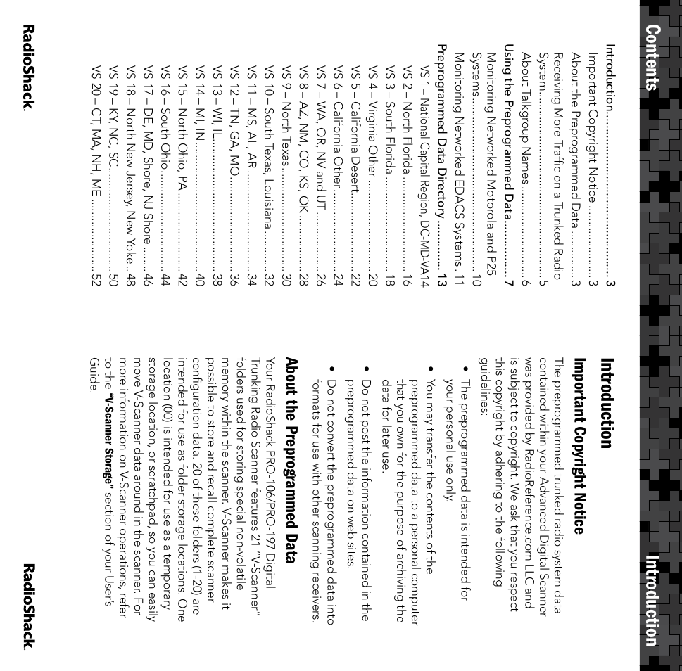 Ontents, Introduction, Impor tant cop yright notice | About the preprog rammed data | Radio Shack PRO-106 User Manual | Page 2 / 28